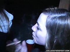 Petite brunette coed teases at party before hard pussy pounding cumshot