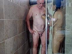 shaved big pussy tease in shower close-up handjob voyeur jerk off instructions