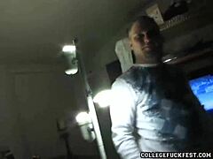 Petite brunette coed teases at party before hard pussy pounding cumshot