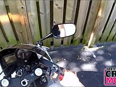 skinny teen brunette rides dildo on bike for cash