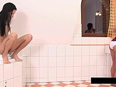 brunette sexy wet pussy closeup lick and kiss in bathroom muff dive