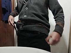 Skinny solo girl strips naked in bathroom for intriguing tease