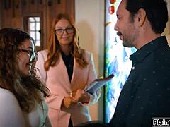 Naughty petite brunette coed fingering shaved pussy then deepthroats stepdad's big cock for taboo face fucking