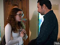 Naughty petite brunette coed fingering shaved pussy then deepthroats stepdad's big cock for taboo face fucking