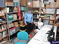 cute petite brunette teen thief slurps lp officer's cock then gets shaved pussy drilled at work