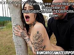 Tattooed teen unleashes wild public garage cowgirl on massive cock