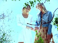 scarlet red and blake eden tease shaved pussies in outdoor lingerie solo play