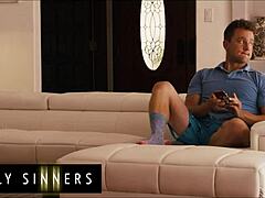 Smoking hot stepmom spreads shaved pussy and big tits for stepson to fuck harder than dad on bed.