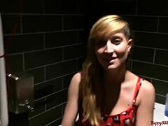 Blonde gives homemade anal and blowjob in public restaurant toilet ending with facial cumshot.