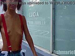 Exposed and thrilled topless in suspenders microskirt flashing petite hairy body on street