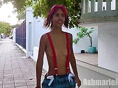 Exposed and thrilled topless in suspenders microskirt flashing petite hairy body on street