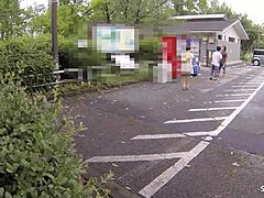 Petite Japanese teen picked up sucks cum in car interview