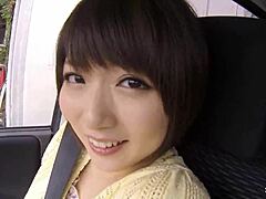 Petite Japanese teen picked up sucks cum in car interview