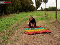 voyeur watches outdoor foot slave lick and facesit in femdom humiliation