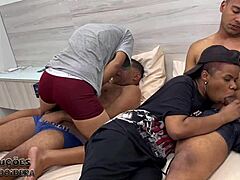 brazilian housewife joins wild motel foursome, guys lick her swollen pussy before rough group fuck