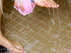 Blonde teen milf steps into steamy shower after horny massage tease