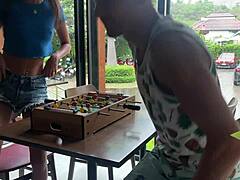 She lost the game so they head outside for a wild cumwalk dripping wet pussy after rough doggystyle pounding