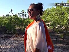 lovely 18yo tania bares natural small tits on french beach