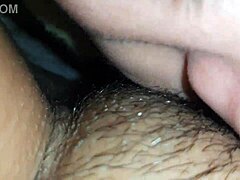 wet brunette lesbians dive into hairy pussy licking and clit sucking up close!