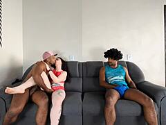 Wifey Offers Bare Ass to Buff Black Stud as Cuck Watches Creampie