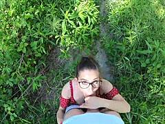 Lost Petite Cutie Sucks Huge Cock in Forest Garden