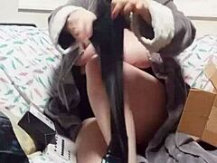 chubby unboxes anal toys in wet shiny clothes