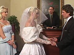 newlywed blonde bride in latex stockings gags on cocks for kinky mmf double penetration!