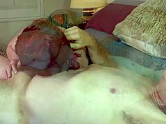 Redhead Mature Angel Kneels Sucking Cock in Stockings Corset Heels