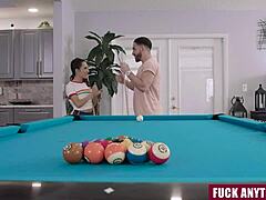 stepbro bends stepsis over pool table after game loss