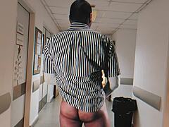 sexy muscular nurse strokes 18cm monster cock with gloves in hospital till explosive cum