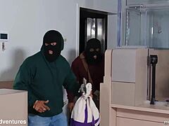 Lucy Lotus counts cash after redhead 3some blowjob, big ass cumshot bondage tug