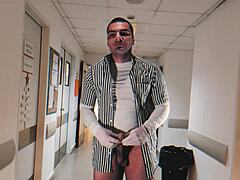 sexy muscular nurse strokes 18cm monster cock with gloves in hospital till explosive cum