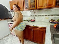 latina viral escandalo gets fucked hard doggystyle bent over in kitchen big ass tits squirting cumshot