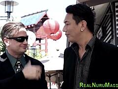 nuru masseuse jerks asian cock then swallows hot jizz load