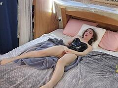 Skinny brunette amateur squirts shaking in shower with vibrator first time orgasms