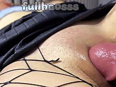 Shaved asian teen pussy filled closeup with hot cum