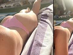Sultry bikini babe's tight pussy pounded rough on sun lounger