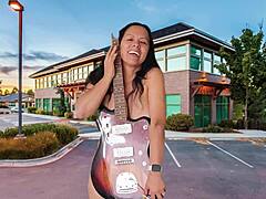 i strip tease and masturbate gaping pussy with vibrator in public parking lot close-up