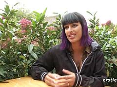 exhibitionist babe fingers wet pussy in public restroom