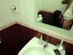 Teen sneaks bareback creampie into wet pussy public toilet risk