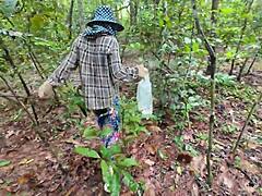 Amateur Thai villagers fuck hard in public forest!