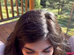 all natural teen sucks boyfriend's cock deep in woods then swallows.