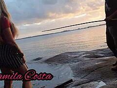 petite latina whore wife takes UNKNOWN FISHERMAN'S COCK deep for interracial CUMSHOT finish