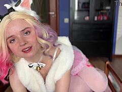 Petite blonde nerd in cosplay stockings begs for more submissive milk play