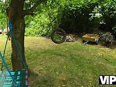 Babe with pierced nipples tattoos seduces guy for forest FUCK