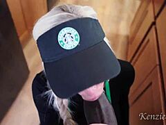 Busty Starbucks barista squirts wildly on huge BBC and swallows thick cum during shift