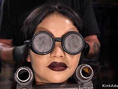 bound brunette's wet pussy toyed roughly while spanked in hardcore bdsm. goth slave endures kinky bondage pain fetish