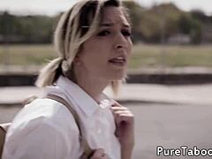 Two adorable teens share throbbing cock in kinky taboo threeway ride