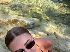 Wild stranger blowjob explodes cum all over face and huge tits on beach!