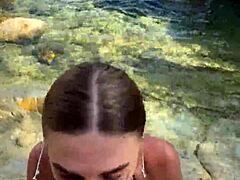 Wild stranger blowjob explodes cum all over face and huge tits on beach!